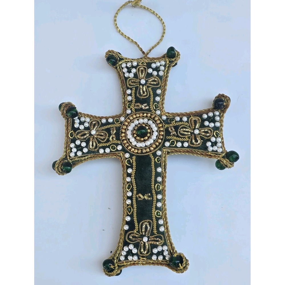 sacred dark green velvet cross with beads hand embroidered